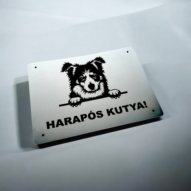 Stříbrná tabulka s border kolií a maďarským nápisem Harapós kutya